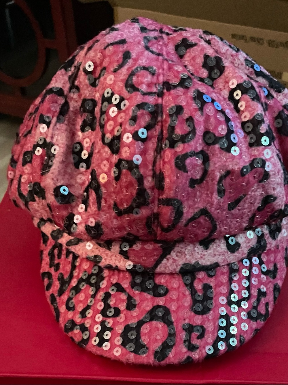 Adults Pink Sequin Leopard Print Cap - Cute Sparkle Accessory